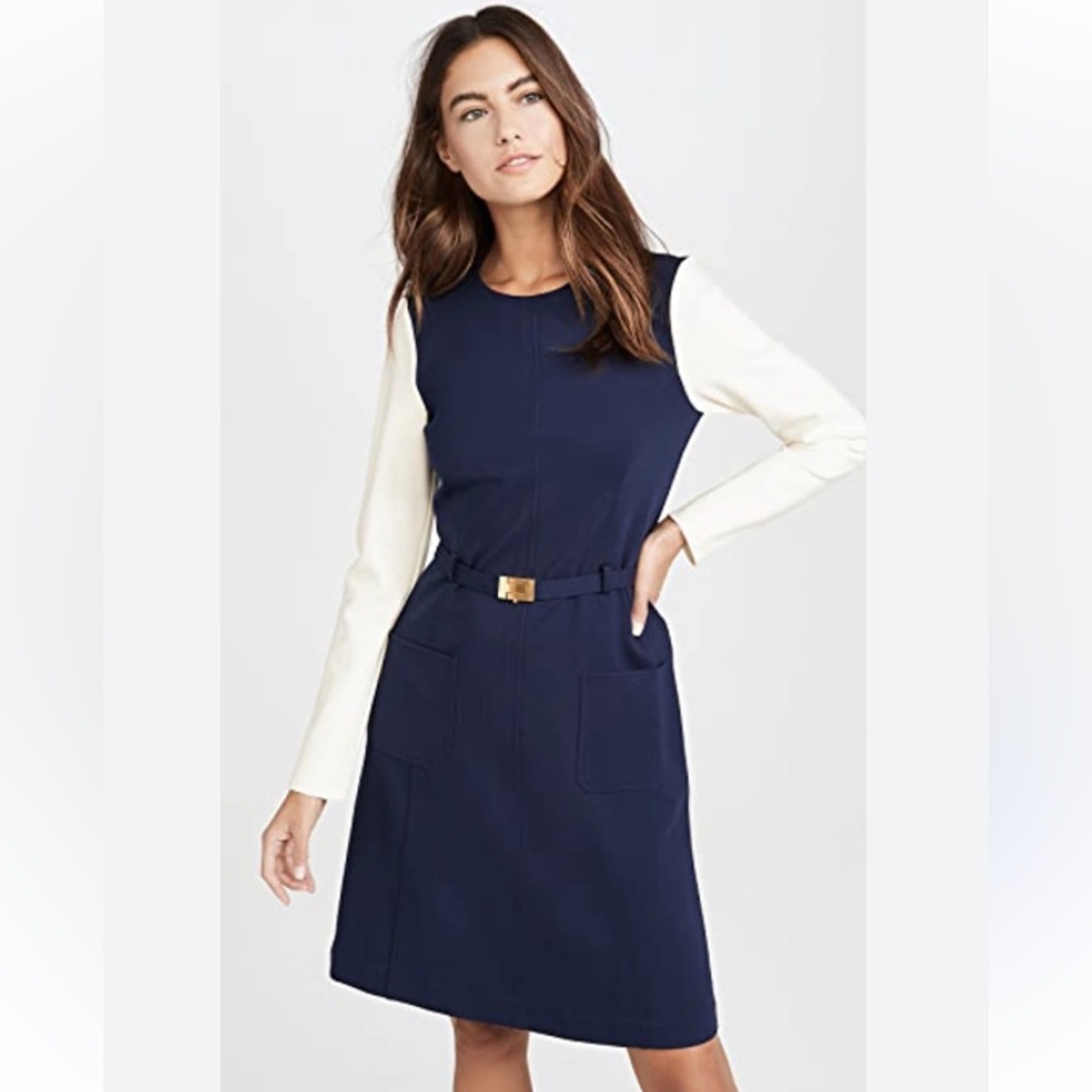 Tory Burch’s Colourblock Long Sleeve Ponte Dress in Tory Navy
